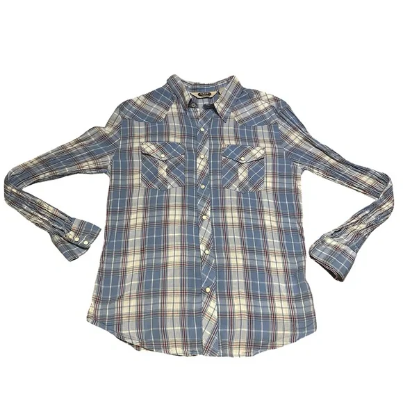 Salt Valley Western Plaid Snap Button Shirt Blue/Cream Long Sleeve Cotton Large - Picture 9 of 9